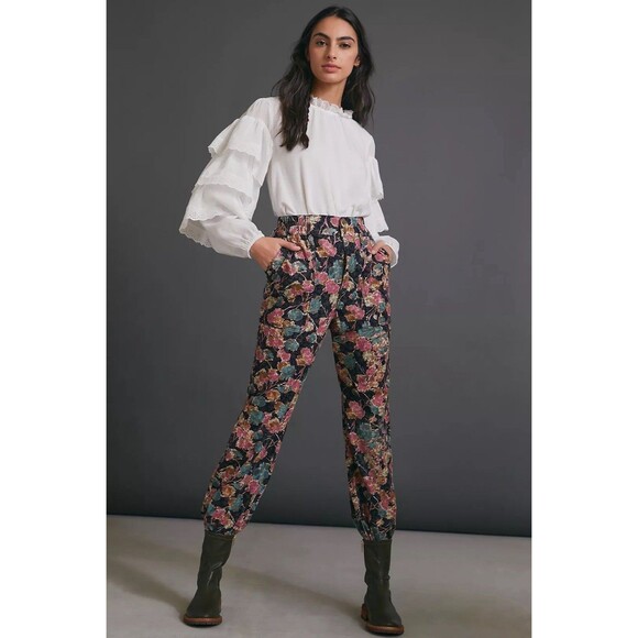 Anthropologie Anisa Corduroy Jogger Floral Print Womens XS High Rise Crop Pants - Picture 1 of 16